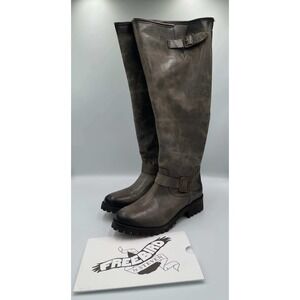 Freebird by Steven Battle Tall Leather Boots Stone Grey Distressed Lug Sole 8